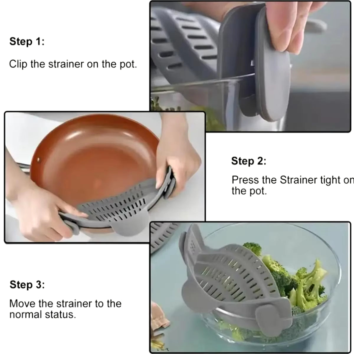 1Pc Adjustable Silicone Clip-On Strainer for Pots, Pans, and Bowls - Handheld Drainer for Noodles, Pasta